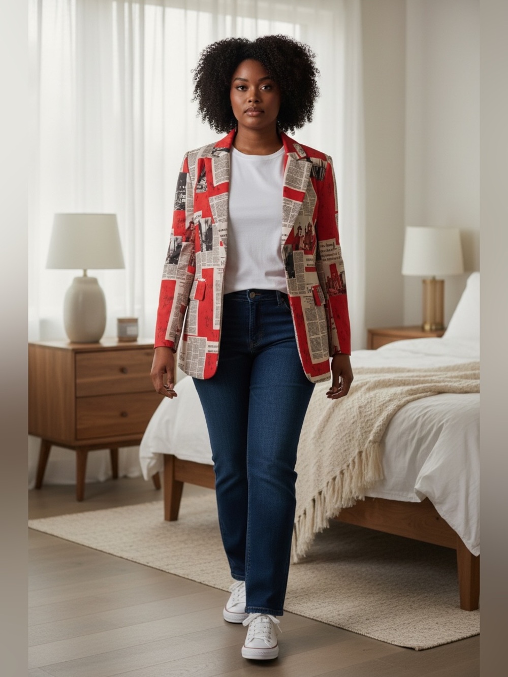 Red Newspaper Print Blazer Jacket - Unbranded